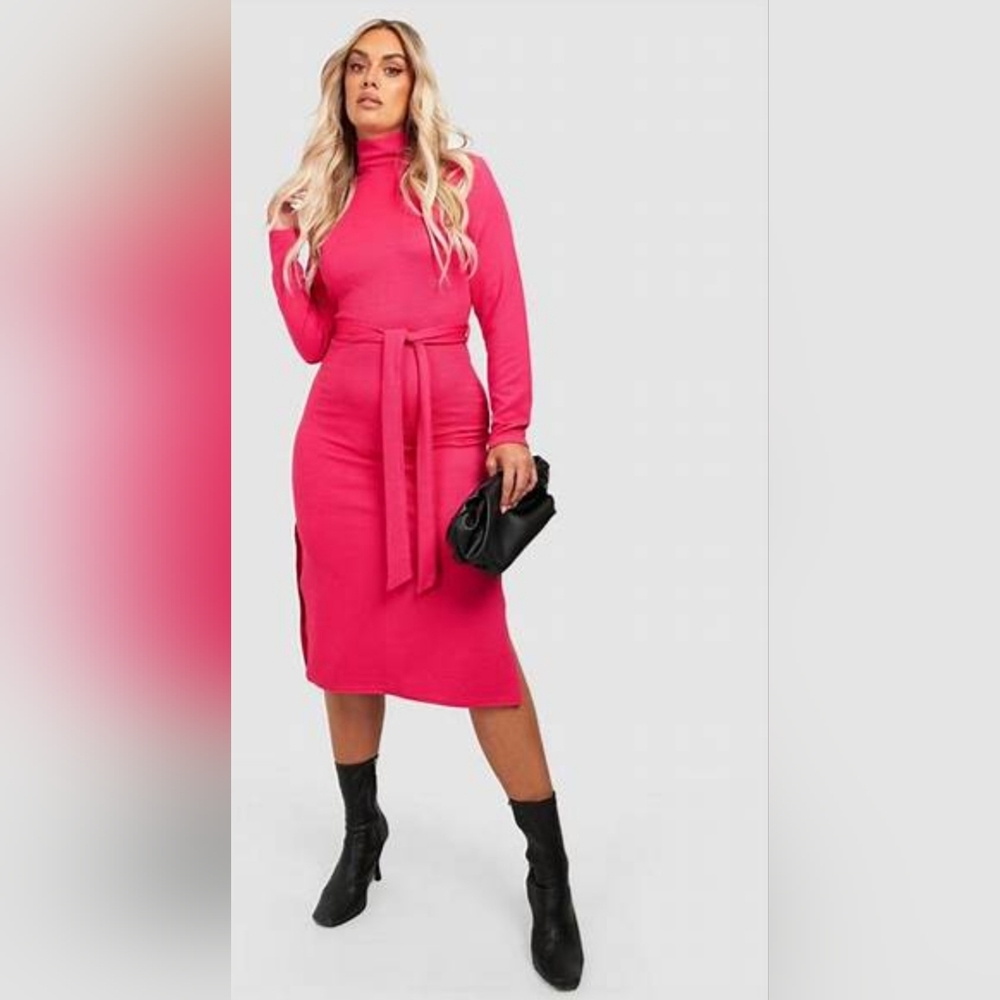 Boohoo Plus Jumbo Rib Roll Neck Belted MIDI Dress